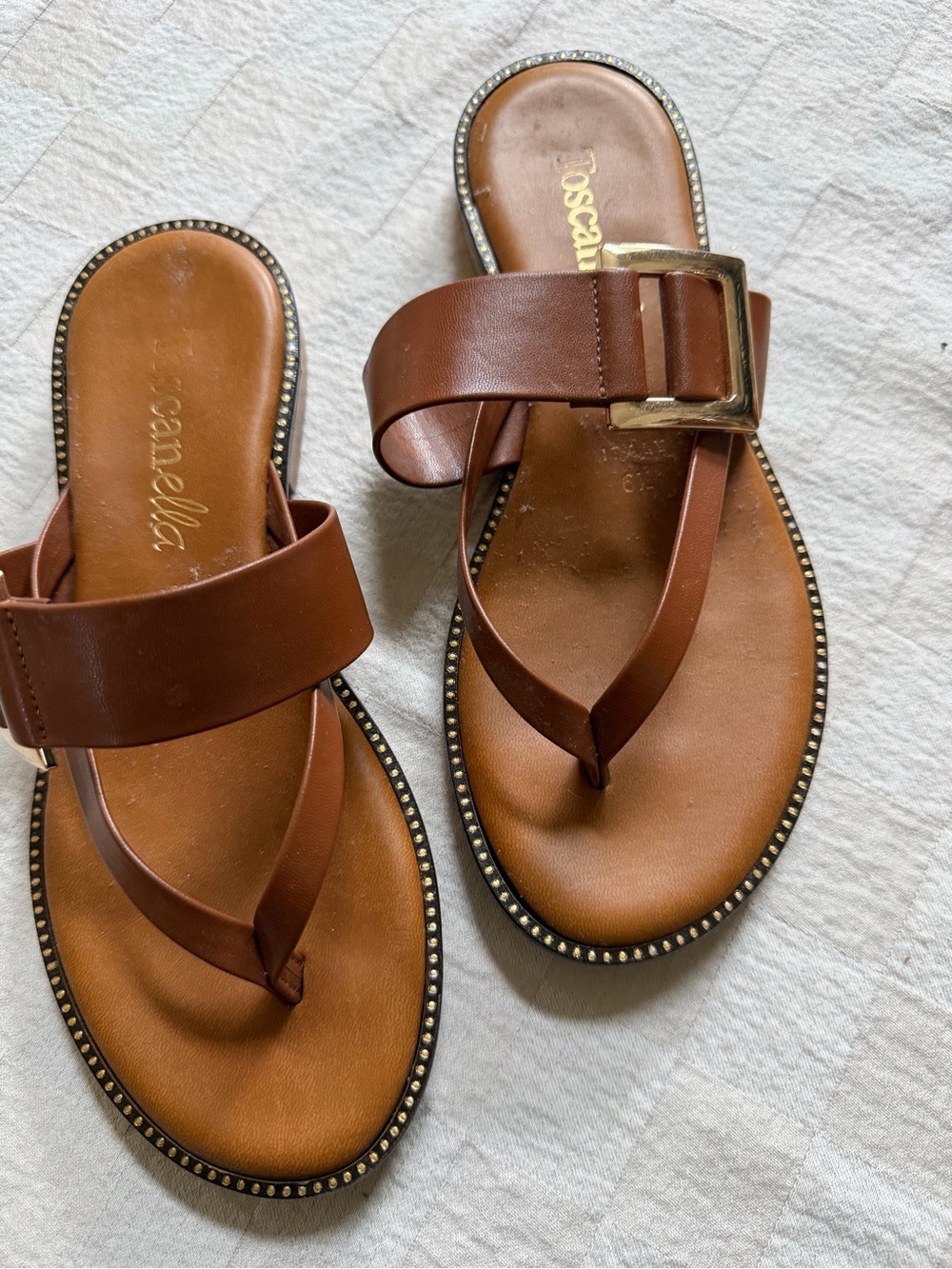 Brown Leather Buckle Thong Sandals - Women